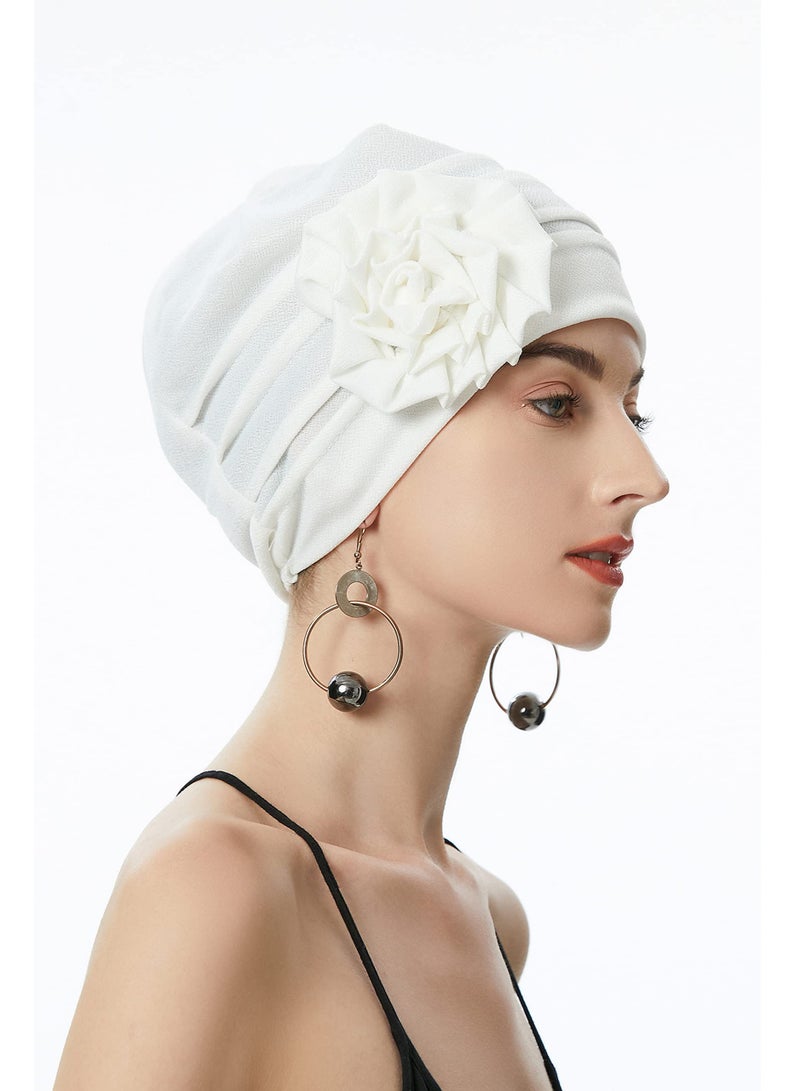 SYOSI Women's Turban Beanie Hat with Flower, Elastic Chemo Headwear, Floral Head Wrap Cap, White  - Image 4