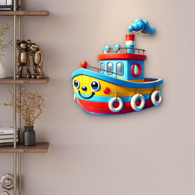 CLITHS Boat Kids Toy Wall Hanging MDF Cutouts 3D Illusion Cartoon Boat for Kids Room Decor, Playroom Wall Art, Gift for Boys, 12 Inch - Image 3