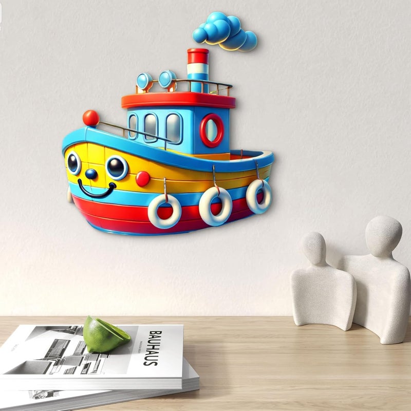 CLITHS Boat Kids Toy Wall Hanging MDF Cutouts 3D Illusion Cartoon Boat for Kids Room Decor, Playroom Wall Art, Gift for Boys, 12 Inch - Image 4