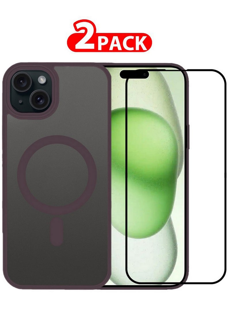 CATANES 2 Pieces Magnetic Slim Protective Case for iPhone 15 - with Wireless Charging Support with 3D Screen Protector - Marlot - Image 1