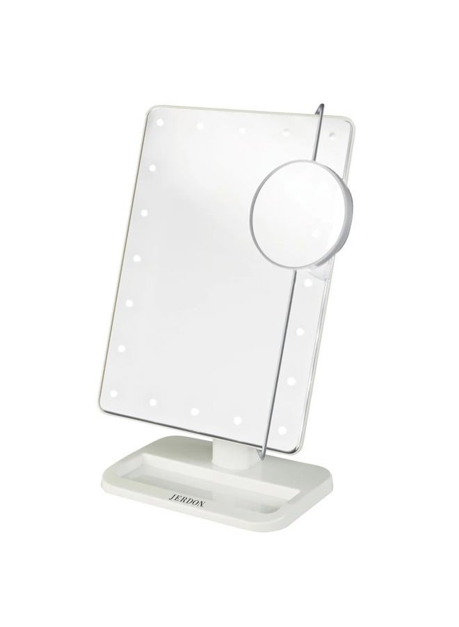 Jerdon 8-Inch by 11-Inch Lighted Vanity Mirror - Rectangular Tabletop Mirror in White with 10X Magnification Spot Mirror - Model JS811W - Image 1