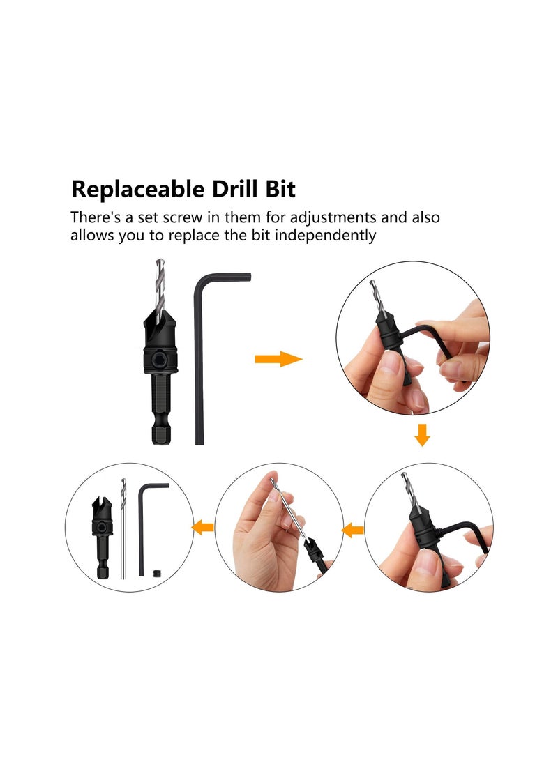 Y&D - 82°Countersink Drill Bit, SYOSI 5Pcs Free Replaceable HSS Bits for Wood 3/8" Quick-Change, Chamfered Adjustable Drilling Tool Kit on Pilot Counter Sink Holes Woodworking - Image 1