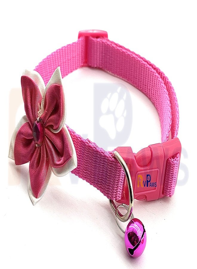 Pups&Pets Dog 15 MM Collar with Bell-Bow Tie Cute Safety Collar Nylon, Adjustable Cat Collar Flower Design for Puppies and Small Dogs (Small, Pink) - Image 1