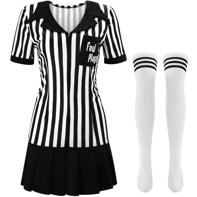 Yahenda Women Referee Costume White and Black Zipper Collar Stripe Shirt Skirt Outfit Long Sock for Halloween CosplayS - Image 2