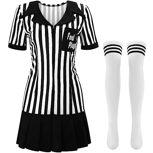 Yahenda Women Referee Costume White and Black Zipper Collar Stripe Shirt Skirt Outfit Long Sock for Halloween CosplayS - Image 1