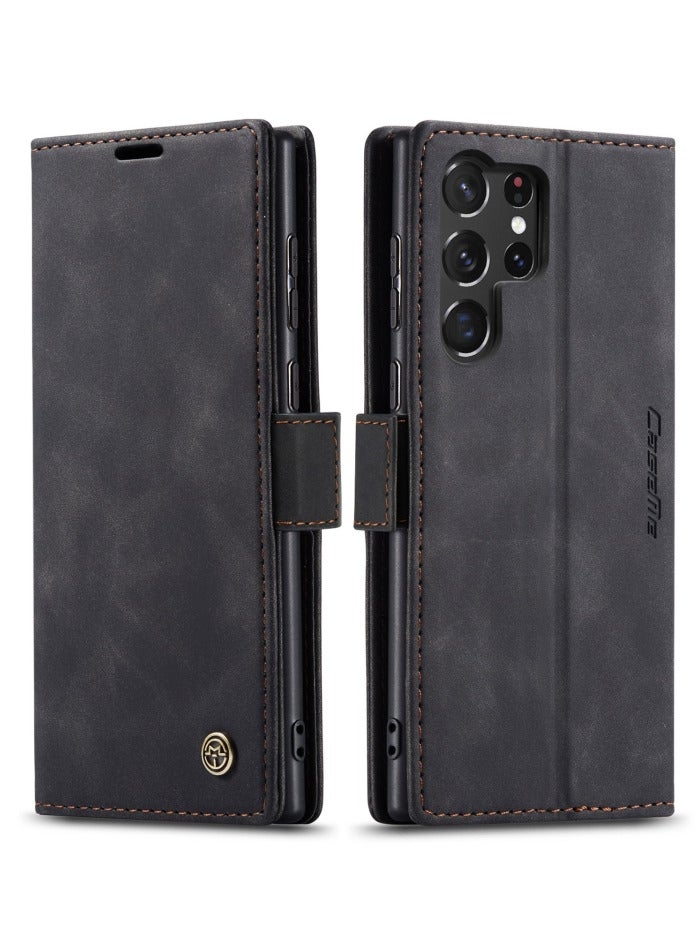 CaseMe Samsung Galaxy S23 Ultra Case Wallet, for Samsung Galaxy S23 Ultra Wallet Case Book Folding Flip Folio Case with Magnetic Kickstand Card Slots Protective Cover - Black - Image 1