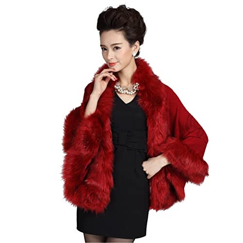 ELFJOY Bridal Faux Fur Shawl and Wraps for Weddings Faux Fur Coat Women Luxury Evening Dresses Fluffy Cape for Women (Claret) - Image 2