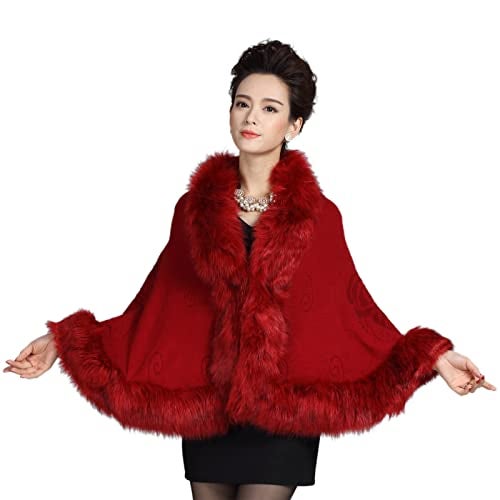 ELFJOY Bridal Faux Fur Shawl and Wraps for Weddings Faux Fur Coat Women Luxury Evening Dresses Fluffy Cape for Women (Claret) - Image 3
