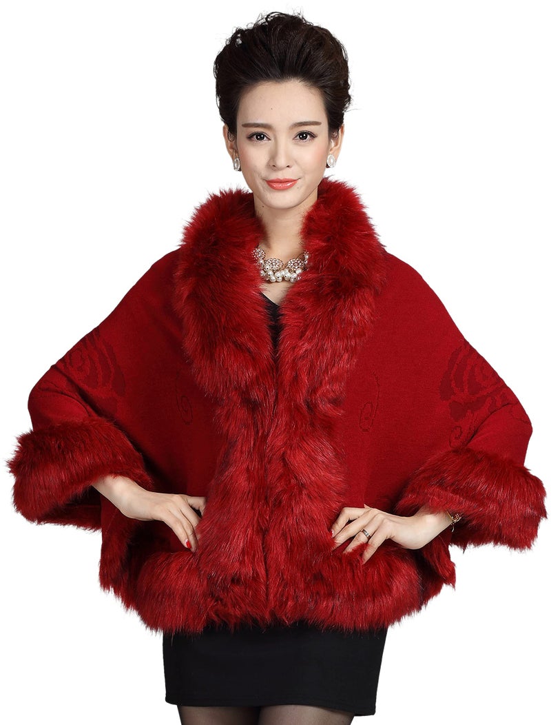 ELFJOY Bridal Faux Fur Shawl and Wraps for Weddings Faux Fur Coat Women Luxury Evening Dresses Fluffy Cape for Women (Claret) - Image 1