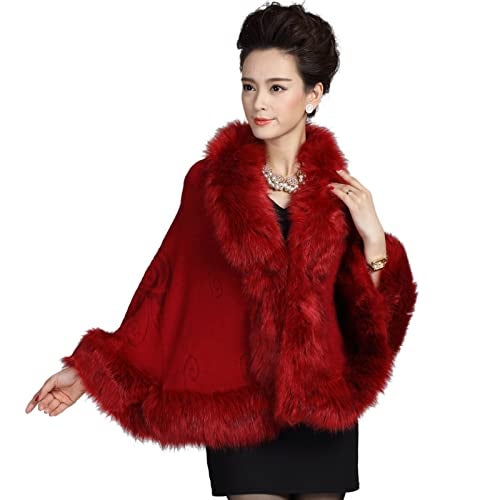 ELFJOY Bridal Faux Fur Shawl and Wraps for Weddings Faux Fur Coat Women Luxury Evening Dresses Fluffy Cape for Women (Claret) - Image 4