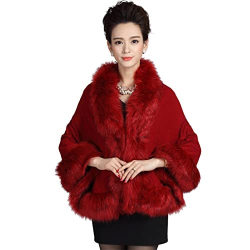 ELFJOY Bridal Faux Fur Shawl and Wraps for Weddings Faux Fur Coat Women Luxury Evening Dresses Fluffy Cape for Women (Claret) - Image 5