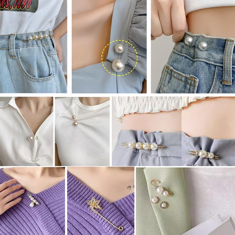 TIHOOD 40PCS Pearl Brooch,Pant Waist Tightener Safety Pin Double Faux Pearl Brooches for Women Girls Fashion Cover Up Buttons Clothing Dresses Decoration Accessories Pant Waist Tightener Safety Pins - Image 4