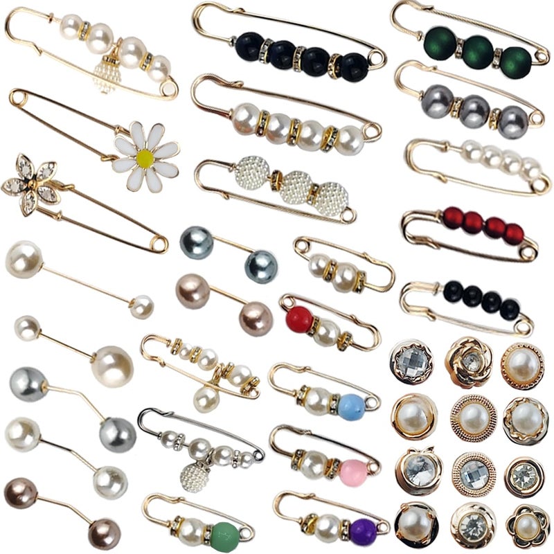 TIHOOD 40PCS Pearl Brooch,Pant Waist Tightener Safety Pin Double Faux Pearl Brooches for Women Girls Fashion Cover Up Buttons Clothing Dresses Decoration Accessories Pant Waist Tightener Safety Pins - Image 1