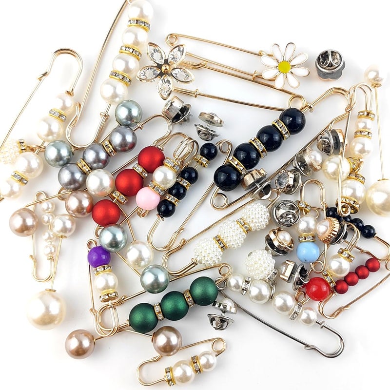 TIHOOD 40PCS Pearl Brooch,Pant Waist Tightener Safety Pin Double Faux Pearl Brooches for Women Girls Fashion Cover Up Buttons Clothing Dresses Decoration Accessories Pant Waist Tightener Safety Pins - Image 3