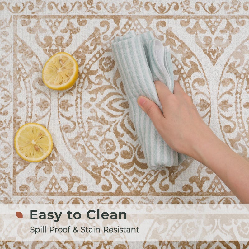 FRESHMINT 2 Piece Set Boho Kitchen Mats for Floor Bohemian Distressed Anti Fatigue Kitchen Rugs Vintage Farmhouse Cushioned Kitchen Runners for Standing Waterproof & Non-Skid Comfort, Khaki Tan - Image 4