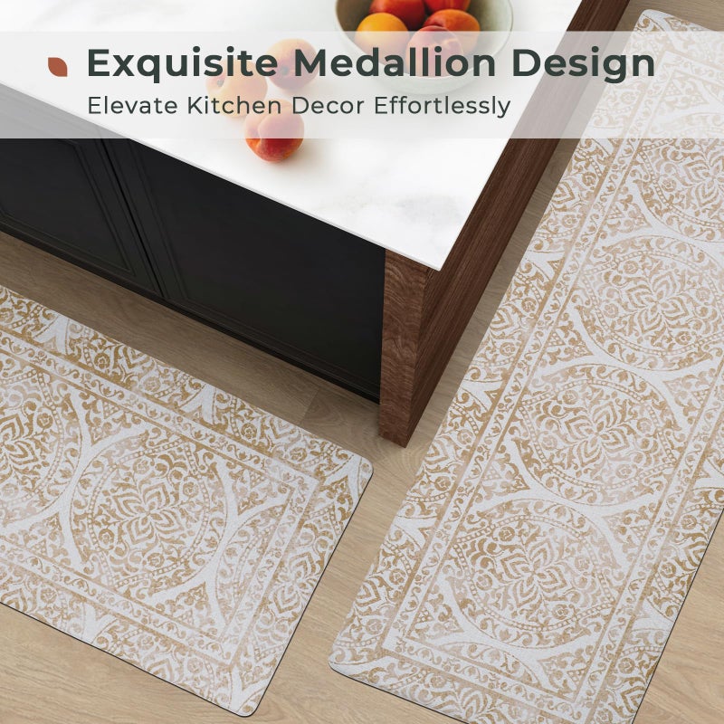 FRESHMINT 2 Piece Set Boho Kitchen Mats for Floor Bohemian Distressed Anti Fatigue Kitchen Rugs Vintage Farmhouse Cushioned Kitchen Runners for Standing Waterproof & Non-Skid Comfort, Khaki Tan - Image 2