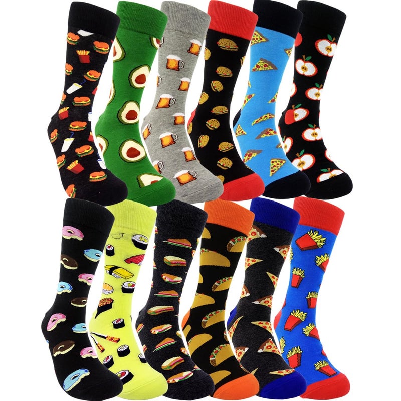 HSELL Mens Fun Food Dress Socks Funny Foodie Sushi Cheese Taco Burritos Patterned Crazy Design Crew Socks Novelty Gift for Men Women Unisex Cotton Sock Sox (12 Pairs Food Assorted) - Image 1