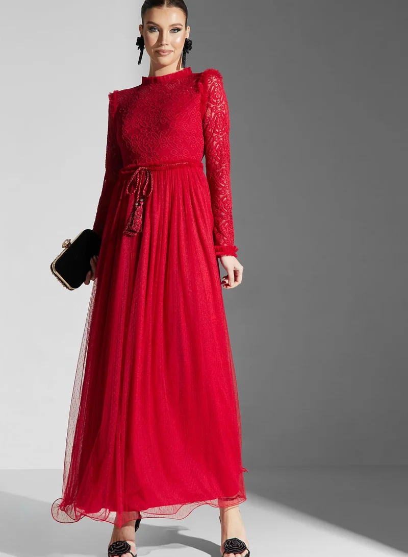 Golden Apple Tiered Lace Tie Detail Dress
