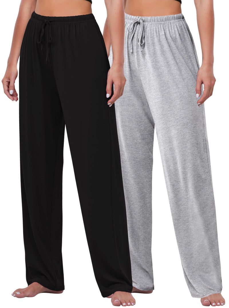 FEQO 2 Pack Women's Lounge Pants Wide Leg Yoga Pants Soft Pajama Bottoms Casual Loose Sweatpants Drawstring Yoga Pants, M(Black,Gray) - Image 1