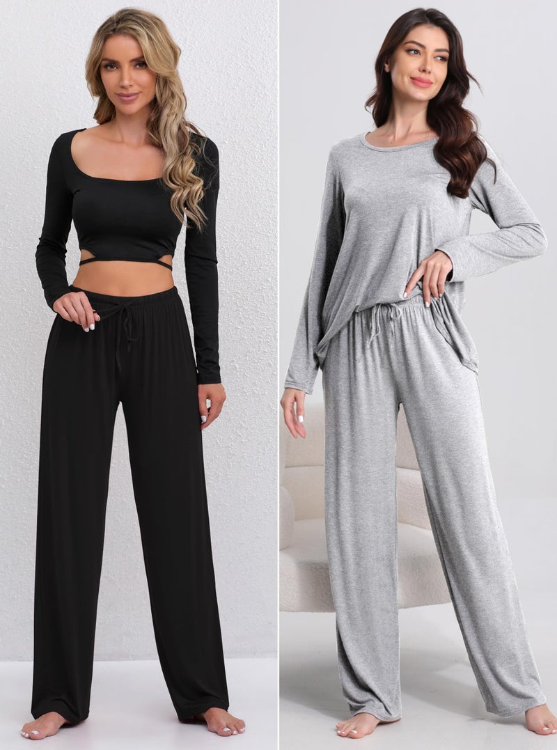 FEQO 2 Pack Women's Lounge Pants Wide Leg Yoga Pants Soft Pajama Bottoms Casual Loose Sweatpants Drawstring Yoga Pants, M(Black,Gray) - Image 5