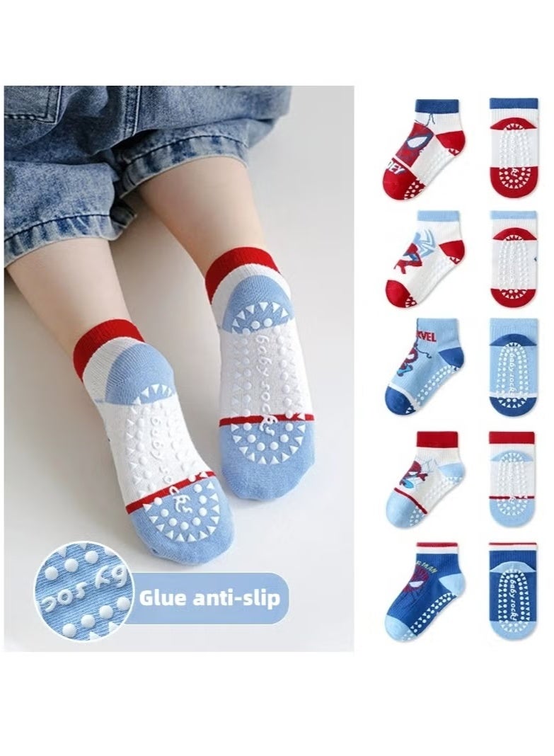 5 Pairs of Spiderman Non-Slip Dot Floor Socks, Summer Kids Pure Cotton Socks, Cartoon Mesh Trampoline Socks, Boys Girls Socks - Image 2