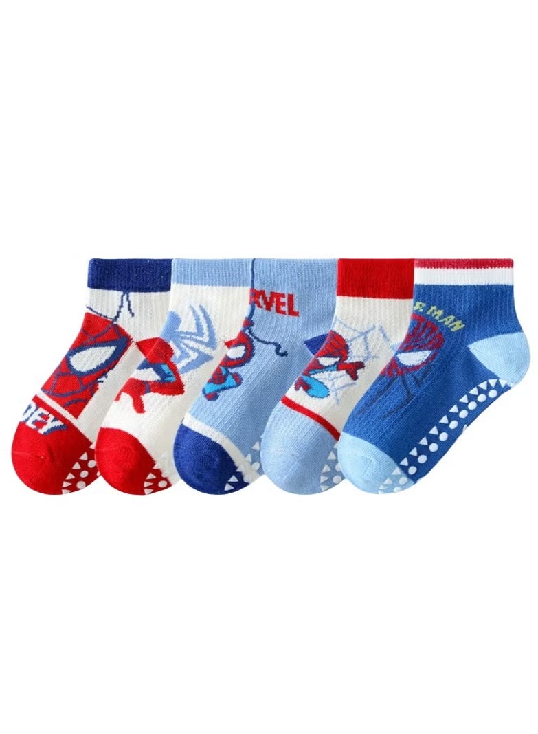 5 Pairs of Spiderman Non-Slip Dot Floor Socks, Summer Kids Pure Cotton Socks, Cartoon Mesh Trampoline Socks, Boys Girls Socks - Image 3