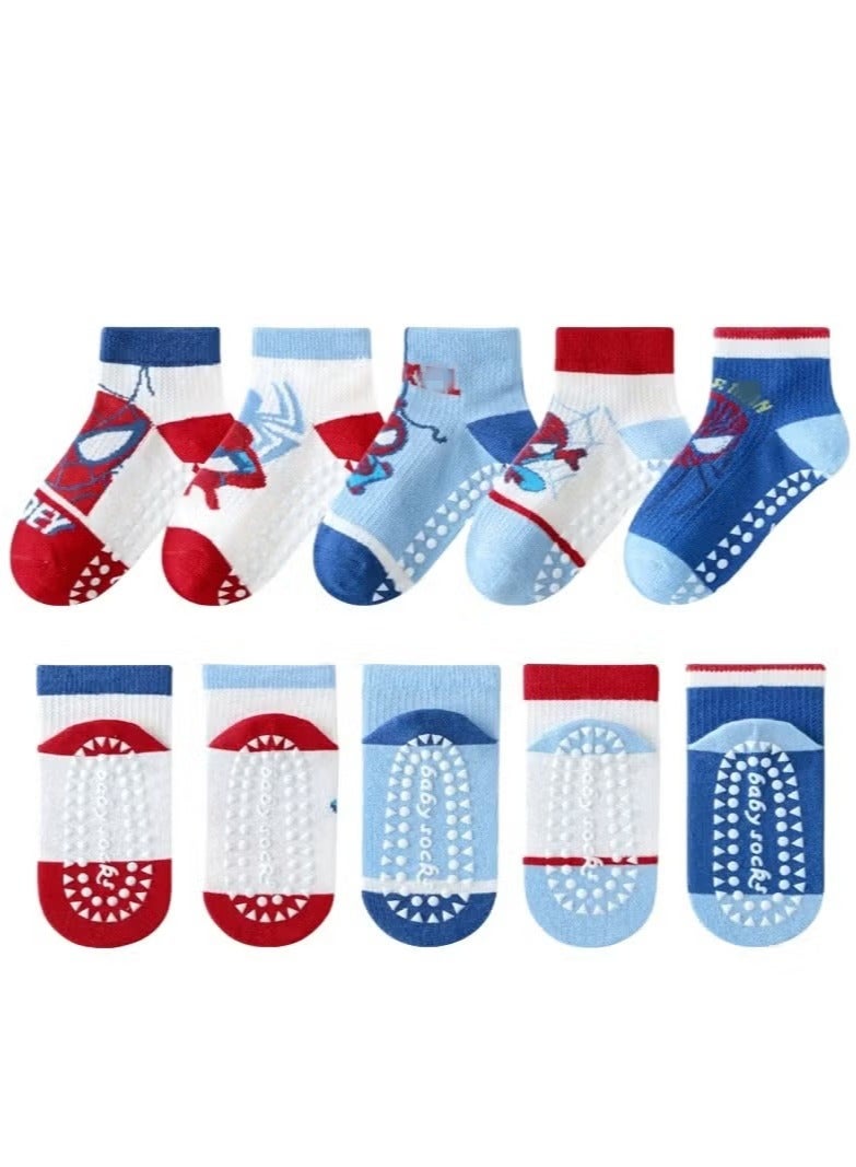 5 Pairs of Spiderman Non-Slip Dot Floor Socks, Summer Kids Pure Cotton Socks, Cartoon Mesh Trampoline Socks, Boys Girls Socks - Image 1