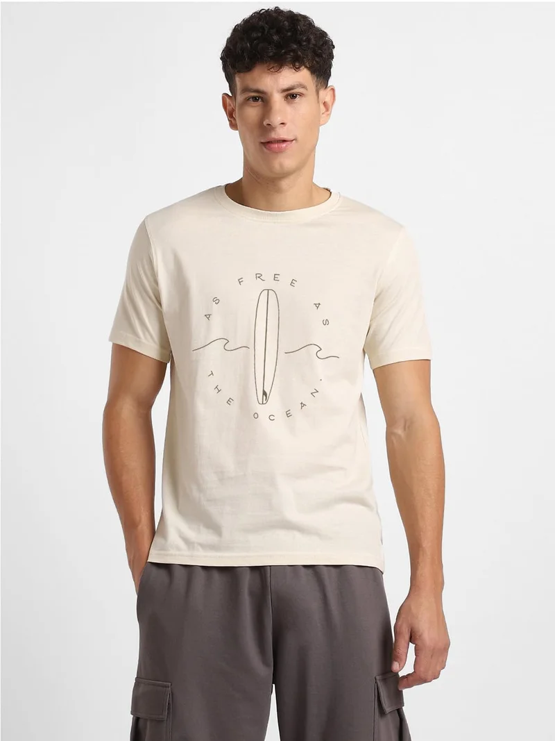 NOBERO Men's Cream Graphic T-Shirt
