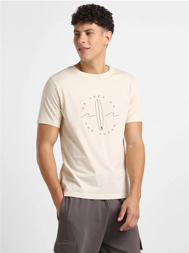 NOBERO  NOBERO Men's Cream Graphic T-Shirt for Men | Best Price UAE