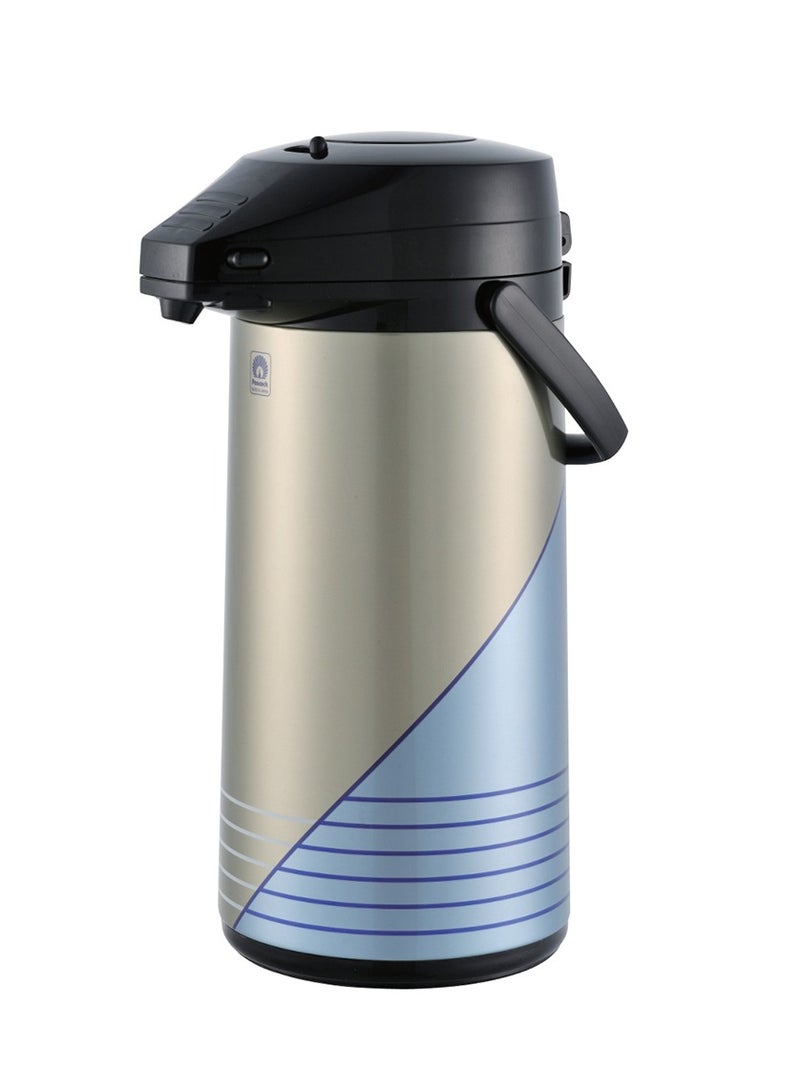Peacock 2.2 Liter Glass Lined Thermos Flask Push Button Dispenser In Blue Silver Fpnh22 138 Insulated Airpot Beverage Pump For Hot Coffee And Tea Leak Proof - Image 1