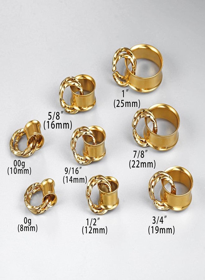 Earblity 1 Pair Basic gauges+2 twisty rings 5/8'' (16mm) Ear Tunnels Plugs 316 Stainless Steel Gold Ear Gauges Weight Saddle Plugs Hypoallergenic expander Piercing Body Jewelry for women and men - Image 2