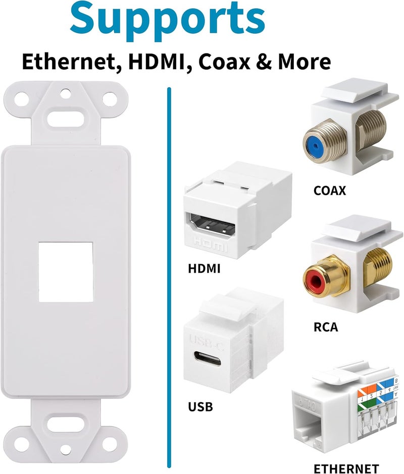 SATMAXIMUM 10 Pack Keystone Wall Plate 1 Port, White Decorator Insert Cover for Ethernet, HDMI, Coax, Cat6 Cat5, RJ45, Home & Office Installations - Image 2