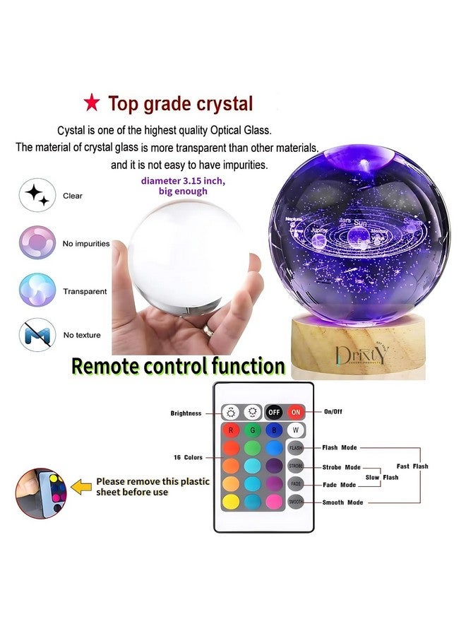 DRIXTY 3D Galaxy Crystal Ball Night Light Creative Engraved Aesthetic Ball Dim Night Lamp, USB Powered Bed Table Lamp LED Wooden Base for Home Decoration, Birthday, Gifts, Teens (7 Color Galaxy) - Image 5