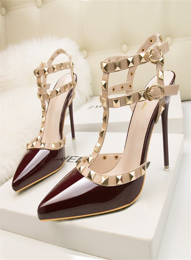Eloshman 10cm Lacquer Leather Metal Rivet High Heel Sandals Wine Red - Image 1