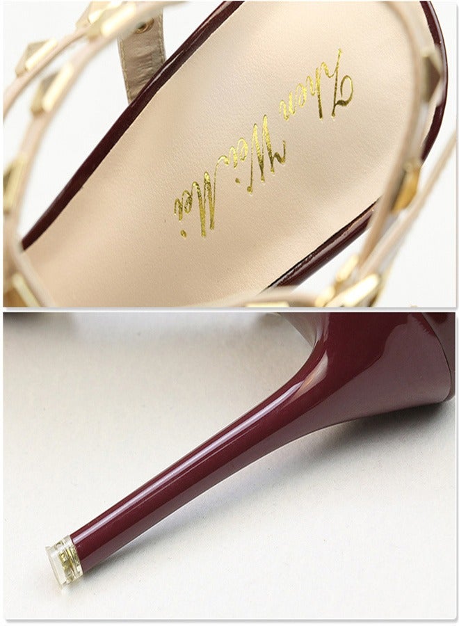 Eloshman 10cm Lacquer Leather Metal Rivet High Heel Sandals Wine Red - Image 2