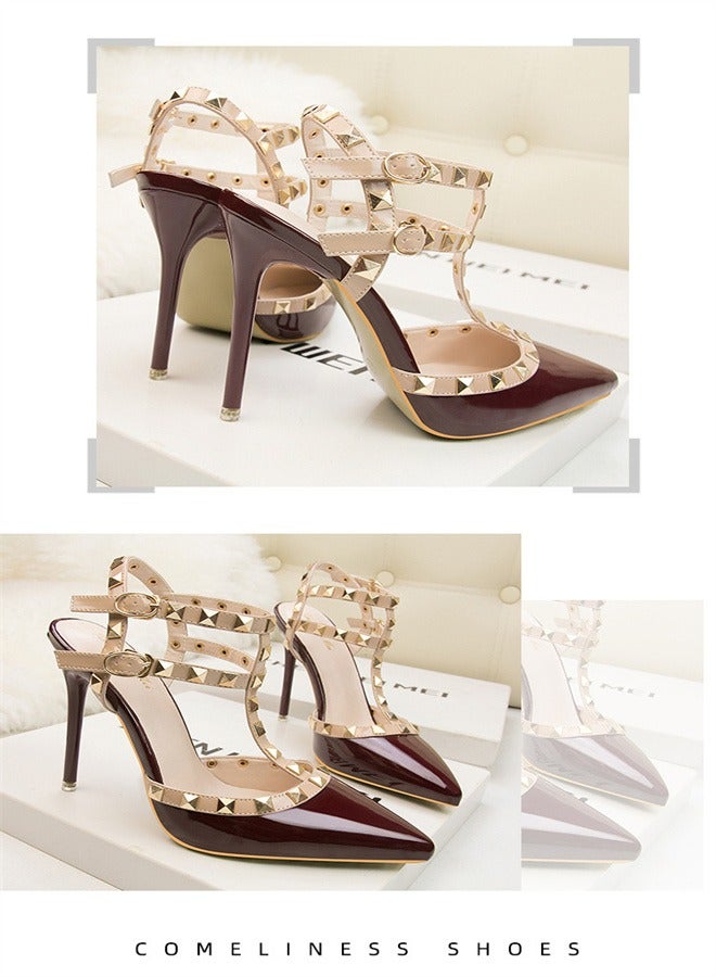 Eloshman 10cm Lacquer Leather Metal Rivet High Heel Sandals Wine Red - Image 3