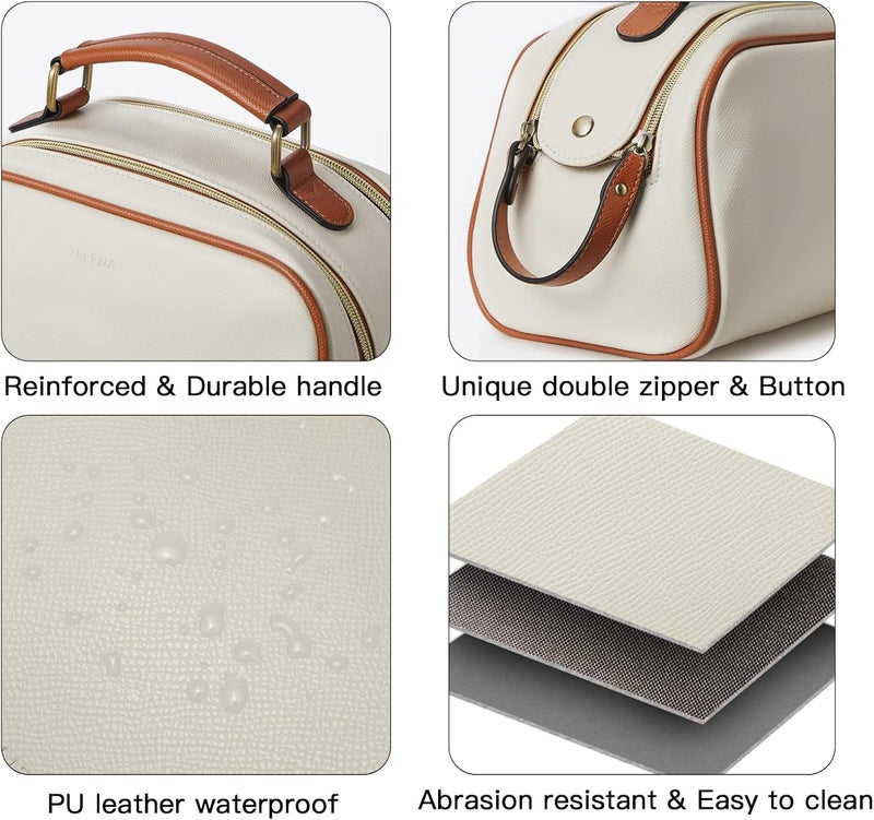 Telena Travel Toiletry Bag Makeup Cosmetic Bags for Women Waterproof PU Leather Toiletry Organizer Portable Large Capacity Beige with Brown - Image 2