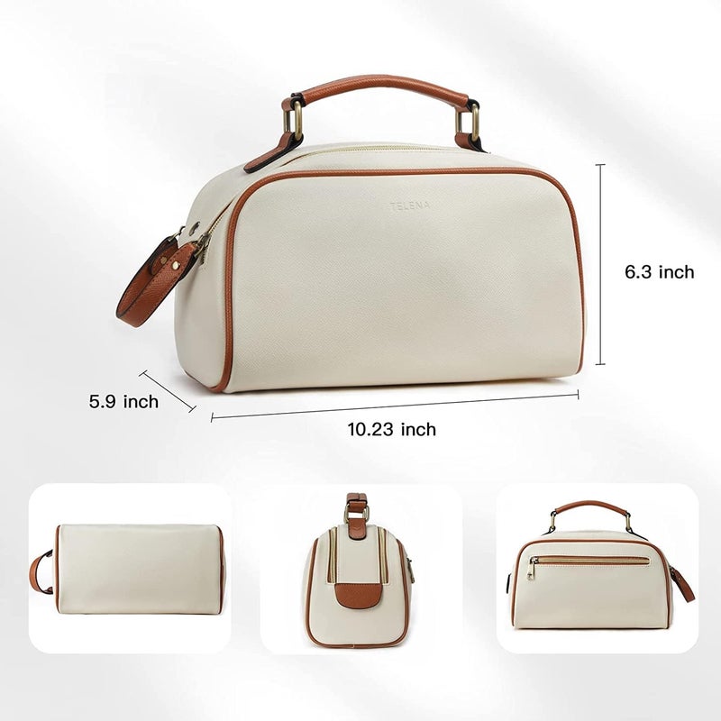 Telena Travel Toiletry Bag Makeup Cosmetic Bags for Women Waterproof PU Leather Toiletry Organizer Portable Large Capacity Beige with Brown - Image 4
