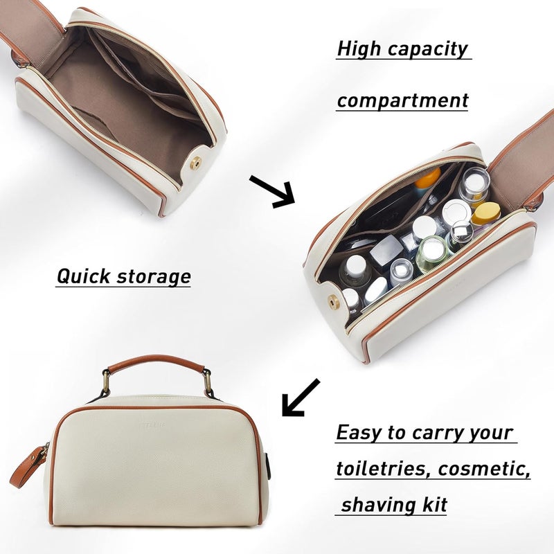 Telena Travel Toiletry Bag Makeup Cosmetic Bags for Women Waterproof PU Leather Toiletry Organizer Portable Large Capacity Beige with Brown - Image 5
