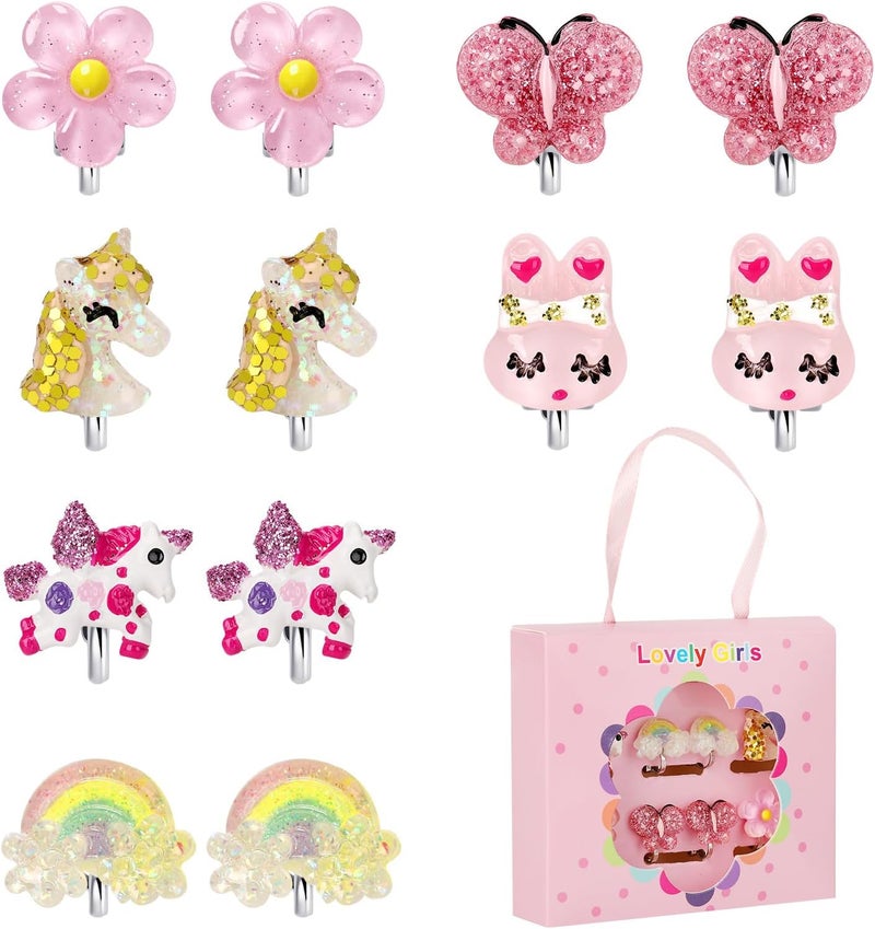 Wingchold 6Pairs Unicorn Flower Clip On Earrings for Little Girls, Toddler Butterfly Clip On Jewelry Rainbow Earrings Kids Dress Up Jewelry - Image 2