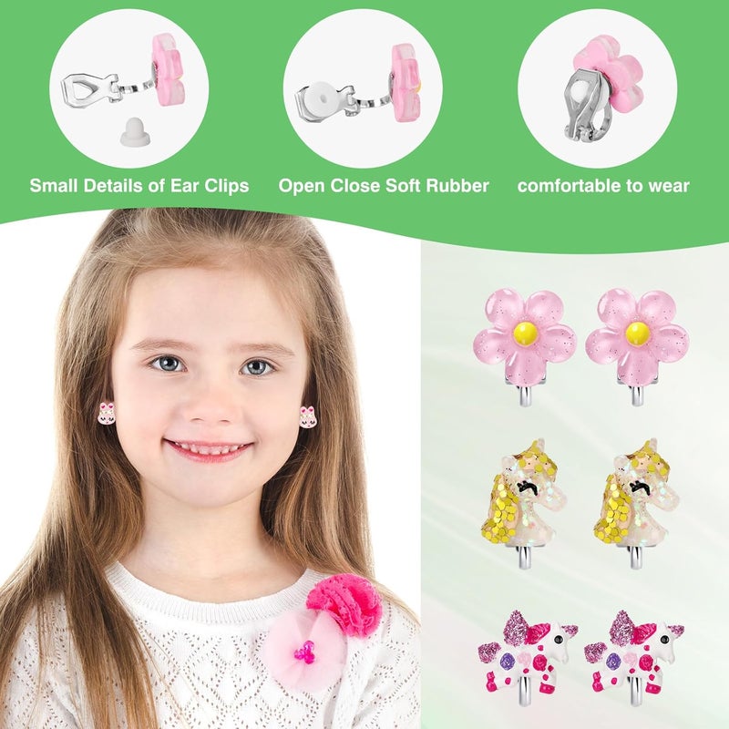 Wingchold 6Pairs Unicorn Flower Clip On Earrings for Little Girls, Toddler Butterfly Clip On Jewelry Rainbow Earrings Kids Dress Up Jewelry - Image 5