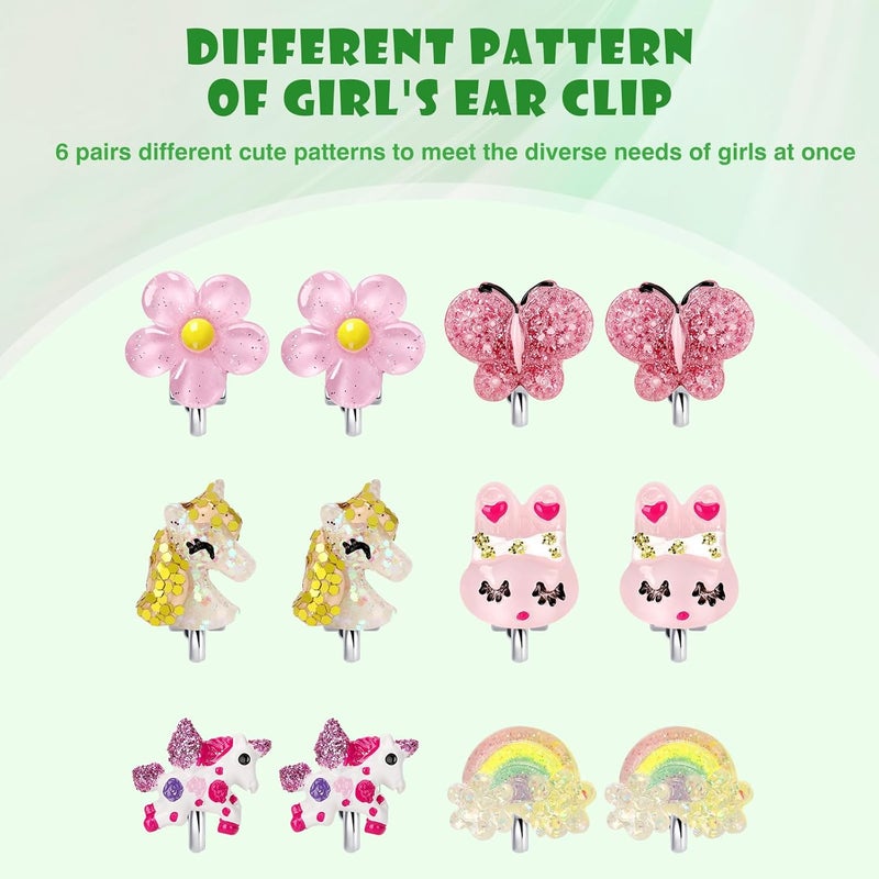Wingchold 6Pairs Unicorn Flower Clip On Earrings for Little Girls, Toddler Butterfly Clip On Jewelry Rainbow Earrings Kids Dress Up Jewelry - Image 4