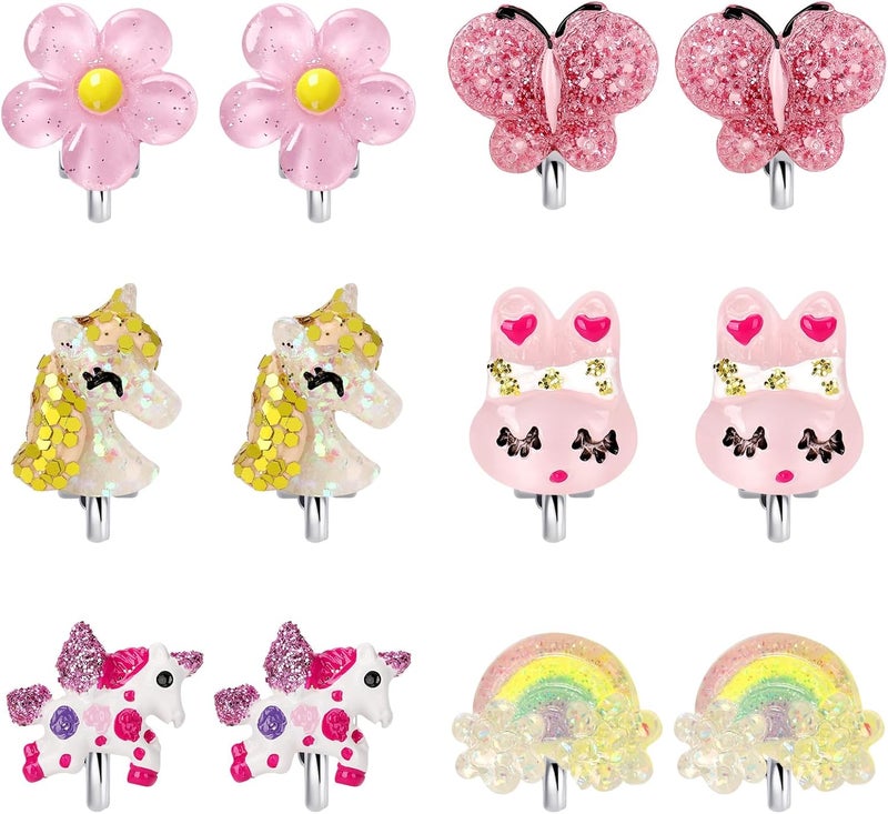 Wingchold 6Pairs Unicorn Flower Clip On Earrings for Little Girls, Toddler Butterfly Clip On Jewelry Rainbow Earrings Kids Dress Up Jewelry - Image 1