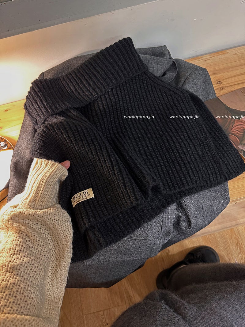 Fashionable Side Slit Polo Turtle Neck Womens Autumn Winter Korean Style Versatile Knit Scarf Warm Pullover Hairline Black 