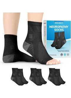 BraceAbility BraceAbility Neuropathy Socks (3 Pairs) - Multipack Peripheral Compression Diabetic Toeless Foot Sleeves for Nerve Damage in Feet, Ankle Gout, Plantar Fasciitis Relief for Men and Women (M - Black) 