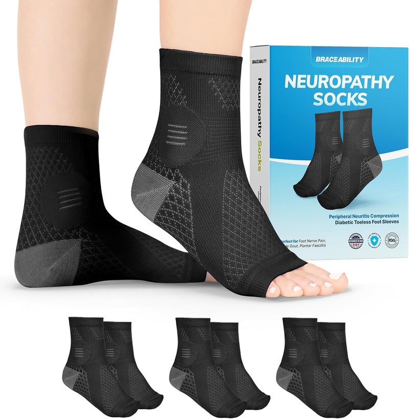 BraceAbility BraceAbility Neuropathy Socks (3 Pairs) - Multipack Peripheral Compression Diabetic Toeless Foot Sleeves for Nerve Damage in Feet, Ankle Gout, Plantar Fasciitis Relief for Men and Women (M - Black)