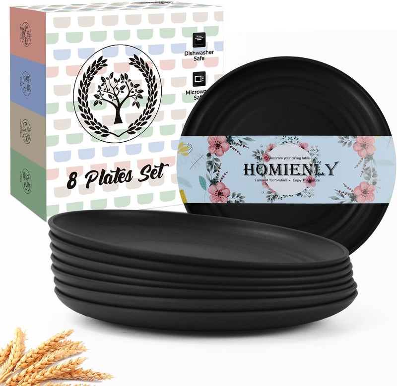 Homienly Wheat Straw Small Plates Unbreakable Lightweight Dinner Dishes Plate Set of 8 Alternative to Plastic Plates for Dessert Snack Appetizer  6 inch Microwave and Dishwasher Safe  Black - Image 1