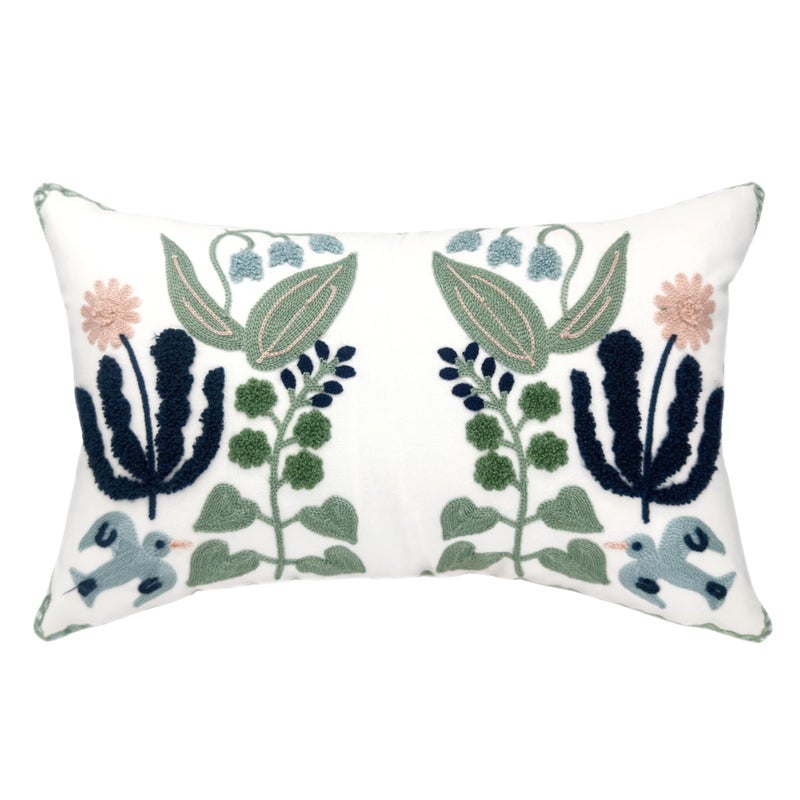 Alysheer Floral Embroidered Summer Lumbar Decorative Throw Pillow Cover 12"x 20", Farmhouse Cottage Navy Blue Green Flowers Leaves Patterned Cotton Canvas Cushion Case for Sofa Couch Bed Living Room - Image 1