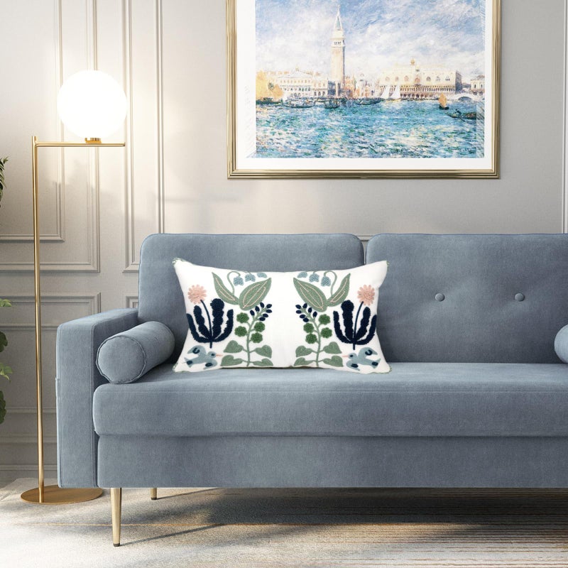 Alysheer Floral Embroidered Summer Lumbar Decorative Throw Pillow Cover 12"x 20", Farmhouse Cottage Navy Blue Green Flowers Leaves Patterned Cotton Canvas Cushion Case for Sofa Couch Bed Living Room - Image 3