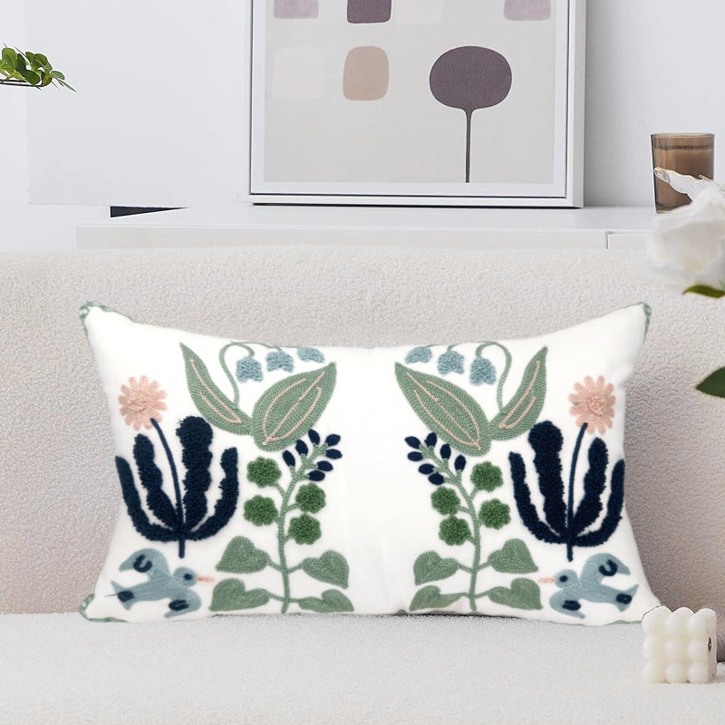 Alysheer Floral Embroidered Summer Lumbar Decorative Throw Pillow Cover 12"x 20", Farmhouse Cottage Navy Blue Green Flowers Leaves Patterned Cotton Canvas Cushion Case for Sofa Couch Bed Living Room - Image 2
